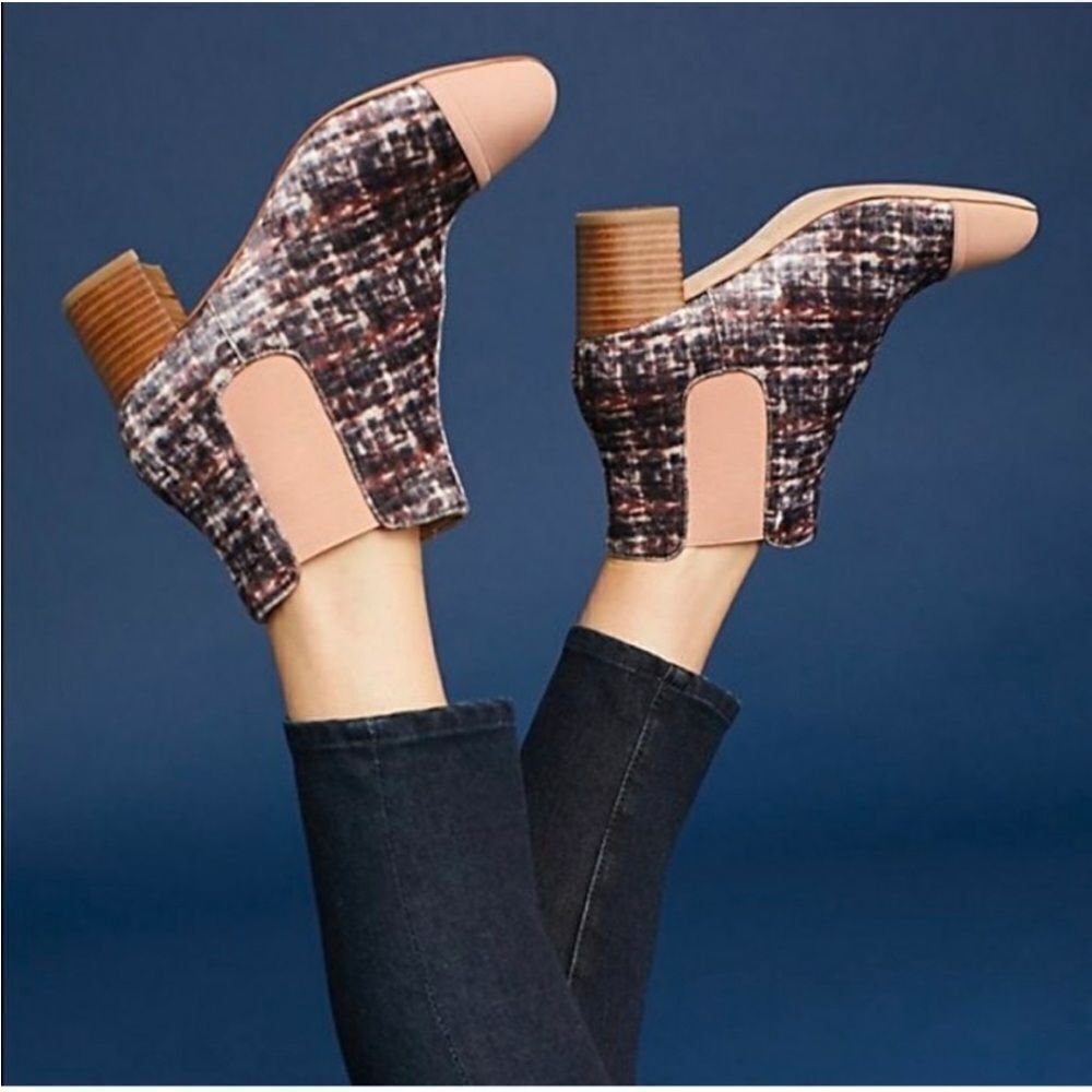 ANTHROPOLOGIE | Pink/Plaid Velvet Chelsea Boots Leather Toe Cap Women’s Size 10